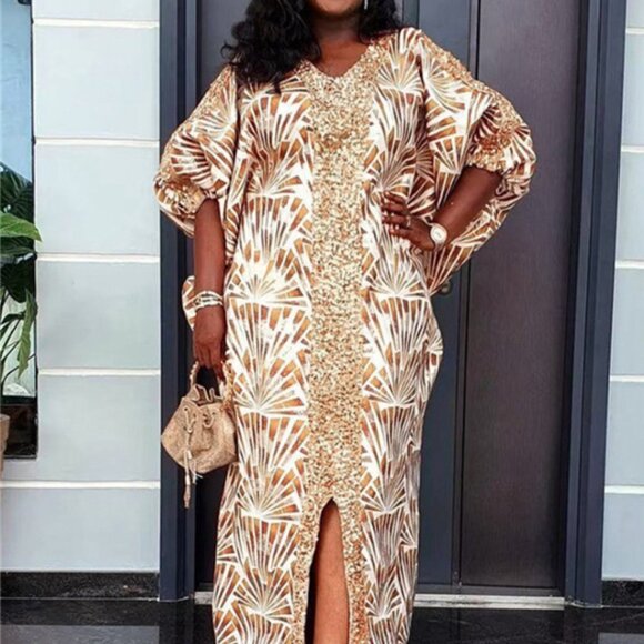 Multicolor satin Bubu dress with front slit and sequence tapered round t… - Picture 8 of 9